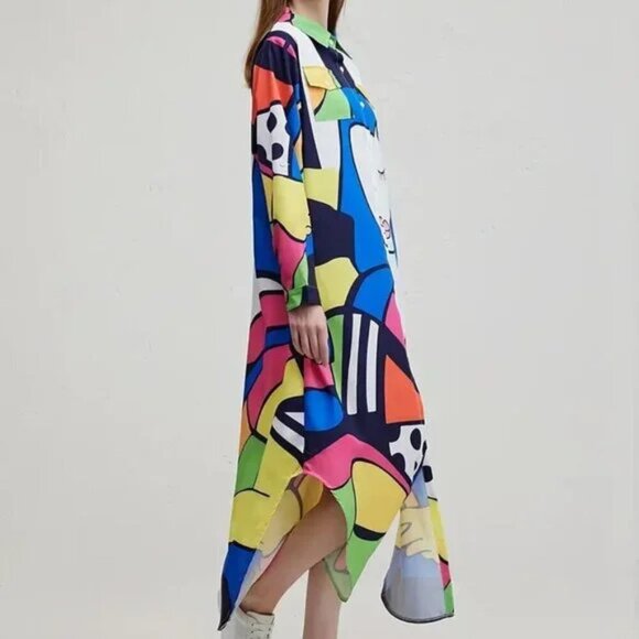 Art Decor Geometric Button Down Straight Fit Long Dress - Picture 3 of 10